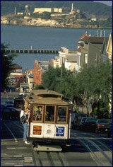 San Francisco, cable cars on Hyde Street with view of bay